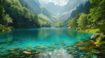 Alpine lake scenery, vibrant colors, serene environment, wide shot, inviting
