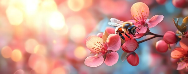 Beautiful bee perched on a pink flower in a floral nature garden, collecting pollen in a bright sunny meadow, vibrant colors highlighted in a closeup macro image for World Bee Day
