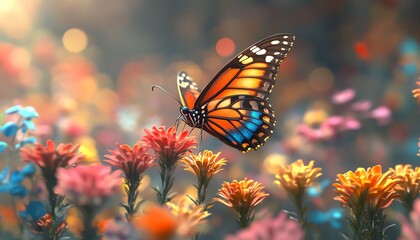Charming butterfly on a flower background, pollinating colorful blooms in a lively garden, 3D render modern digital artwork, ideal for a surreal commercial advertisement banner
