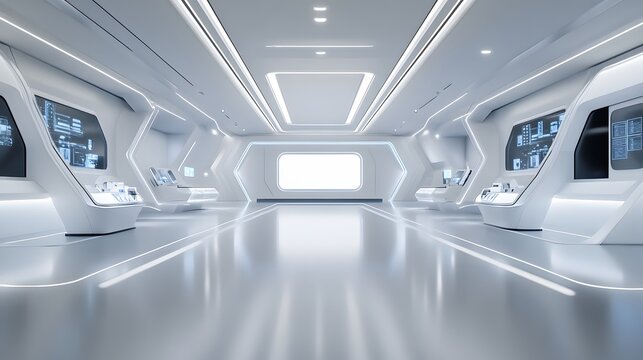 109. A modern exhibition hall with displays and a blank area for a product