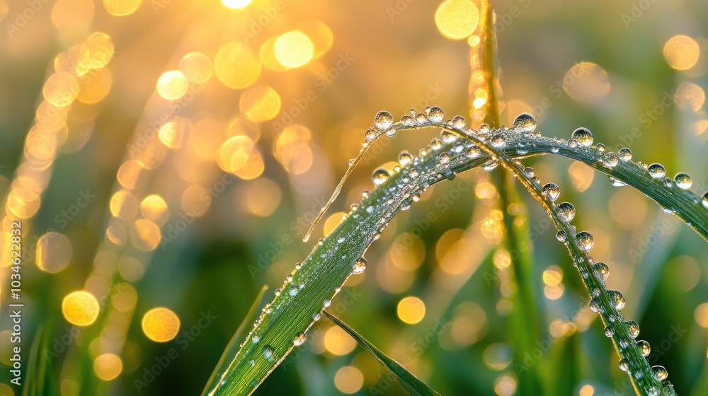 Poster dewdrops on blades of grass in a field with bokeh effect of the sun in the background.