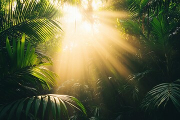 Sunbeams pierce through the dense canopy of a lush tropical jungle, creating a dramatic and ethereal scene.