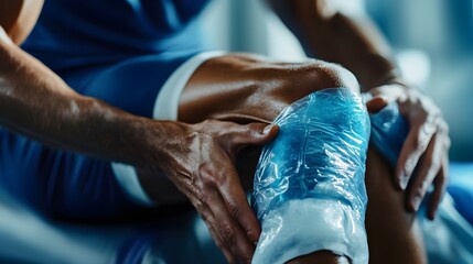 Close-up of a Person Applying a Blue Ice Pack to Their Knee