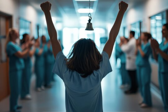 A cancer survivor ringing a bell in a hospital hallway, marking the end of their treatment, with doctors and nurses clapping in celebration, filled with bright light and emotions of triumph
