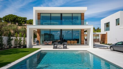 Fototapeta premium Modern villa with pool, glass facade, and green lawn under a blue sky.