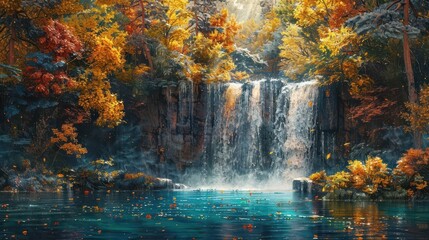 Fototapeta premium Forest waterfall, vibrant colors, lush greenery, serene environment, inviting