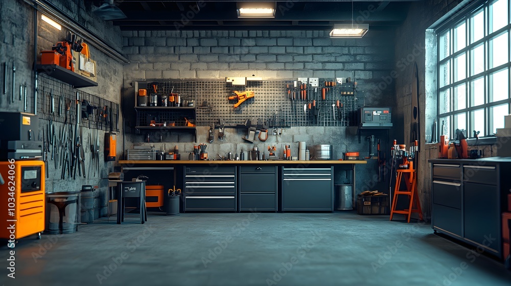 Poster 114. a trendy workshop setup with tools and an unoccupied area for a product