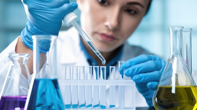Scientist examining liquids in laboratory with laboratory equipment.