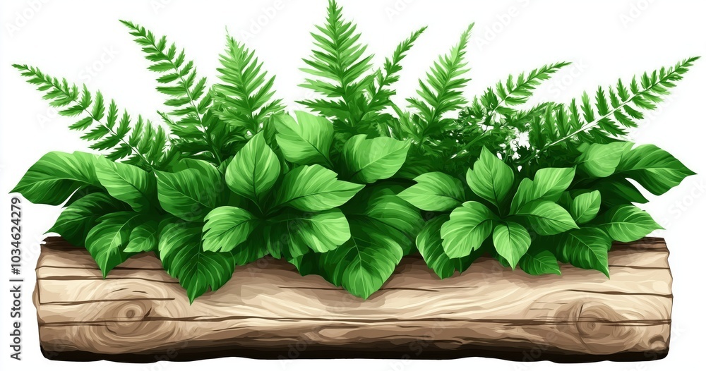 Aufkleber a lush and vibrant arrangement of various types of green foliage and ferns displayed on a rustic woo