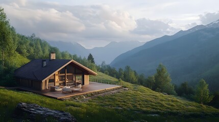 Obraz premium 115. A serene mountain view with a cabin and a space for a product
