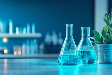 Two beakers filled with blue liquid on a lab bench with a plant in the background.