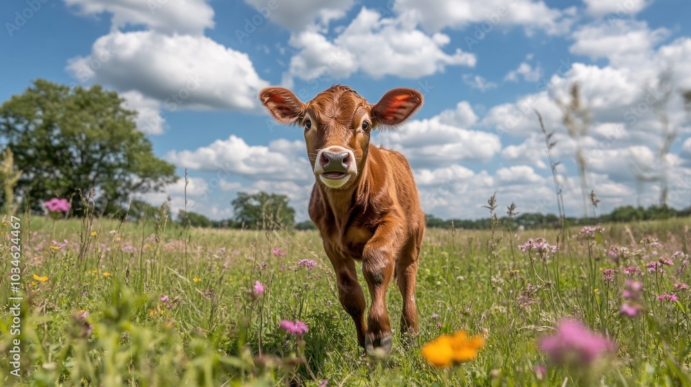 Aufkleber a brown calf with large ears looks directly at the camera while walking through a field of wildflowe