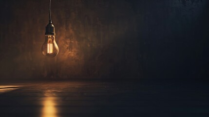 Dark empty room with single flickering light bulb casting long shadows, emphasizing absence of power and eerie atmosphere, minimalist setting with focus on light bulb's glow.