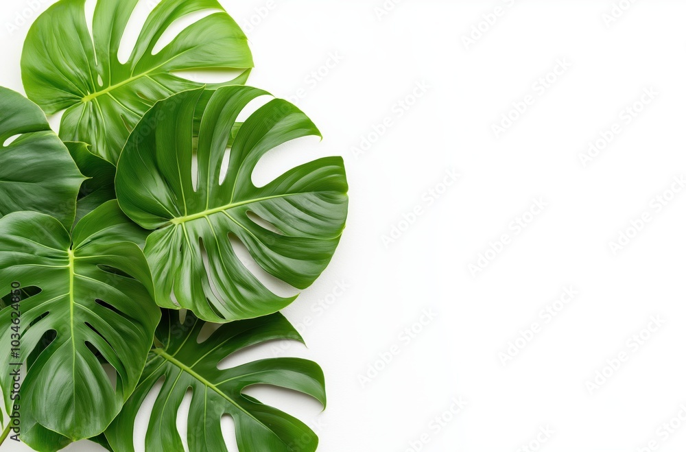 Poster elegant and lush green monstera deliciosa leaves against a clean white background creating a serene 