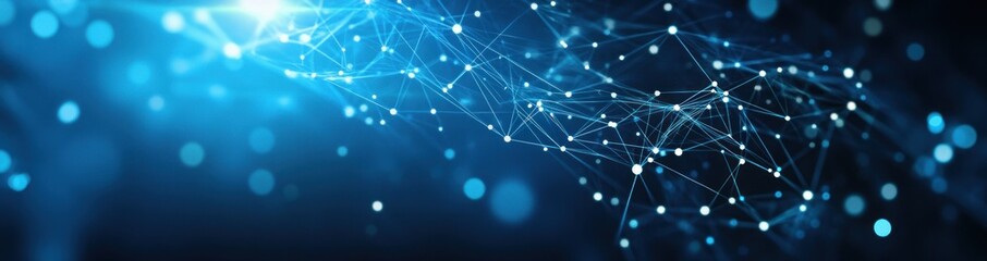 Abstract blue background with connecting lines and dots.
