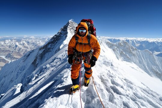 A climber braving the Hillary Step on Mount Everest, the narrow, perilous section of the ascent, with sheer drops on either side and the summit just beyond