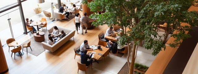 People enjoying a casual gathering in a modern indoor lounge area featuring abundant greenery and comfortable seating