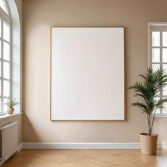 Canvas Frame Mockup Modern Minimalist Interior. With large blank frame on the wall and potted green plant, natural light, clean design, wooden floor