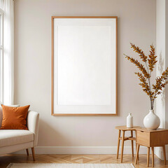 Scandinavian bright and minimalist living room with a large blank framed canvas, beige walls, and natural light from the window. A cozy white sofa with an orange cushion. Mockup frame.