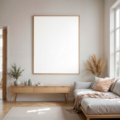 Canvas Frame Mockup. Minimalist Scandinavian living room interior with wooden furniture large blank frame on the wall cozy sofa with neutral pillows and dried plant arrangement next to a sunlit window
