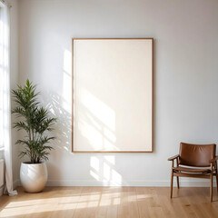 Canvas Frame Mockup Modern Scandinavian Minimalist Interior. With large blank frame on the wall and potted green plant, natural light, clean design, wooden floor and stylish chair