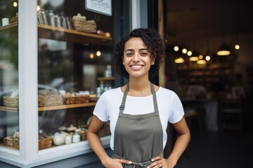 Portrait of a female small business owner in front of her store