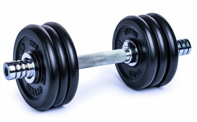 Naklejka premium Weightlifting Equipment for Intense Strength and Muscle Building Workouts Dumbbells and barbell with metal weights on a plain background perfect for fitness bodybuilding and exercise content
