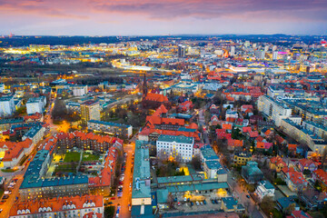 Obraz premium Aerial view of modern landscape of Polish city of Katowice on spring evening, Silesian Voivodeship