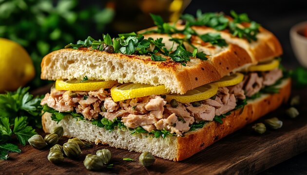 Beautifully arranged tuna sandwich with fresh herbs, lemon slices, and capers on a rustic wooden board, perfect for promoting culinary artistry and wholesome, homemade meals
