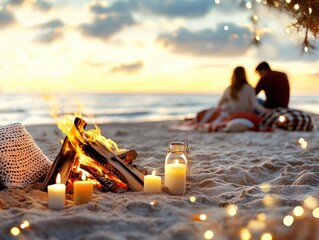 Romantic Beach Campfire Setup with Cozy Blankets
