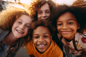 Obraz premium Smiling group portrait of diverse kids taking selfie in the city