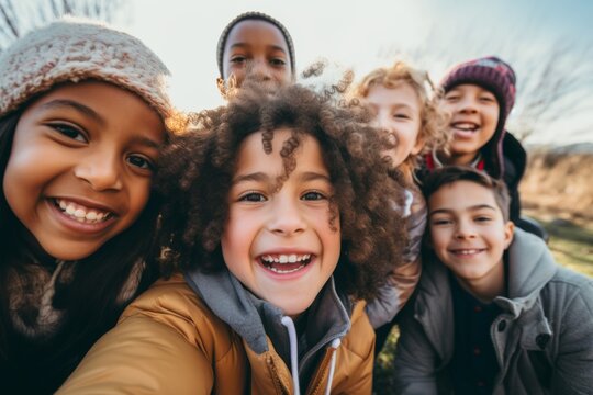 Smiling group portrait of diverse kids taking selfie in the city