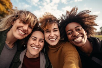 Obraz premium Smiling group portrait of diverse lesbians taking selfie in the city