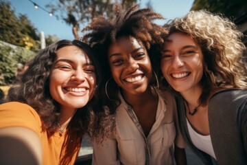 Obraz premium Smiling group portrait of diverse lesbians taking selfie in the city