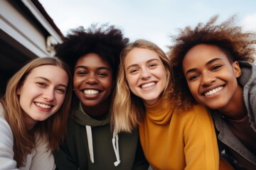 Smiling group portrait of diverse lesbians taking selfie in the city