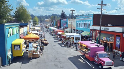 99. A vibrant street fair scene with food trucks and a space for a product