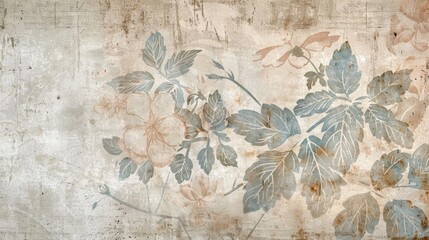 A faded botanical illustration with a grainy texture and muted colors resembling a weathered antique painting. The design features intricate floral motifs in shades of pale blue peac