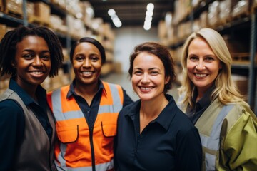 Fototapeta premium Smiling portrait of a diverse group of female warehouse workers