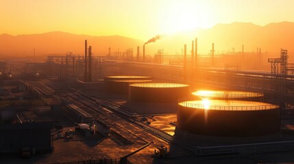 Fototapeta premium An oil depot and refinery at sunset, with large tanks and industrial equipment in the background