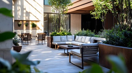 100. A chic outdoor terrace with seating and an empty area for a product