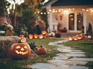 A Halloween-themed backyard obstacle course with kids climbing over hay bales