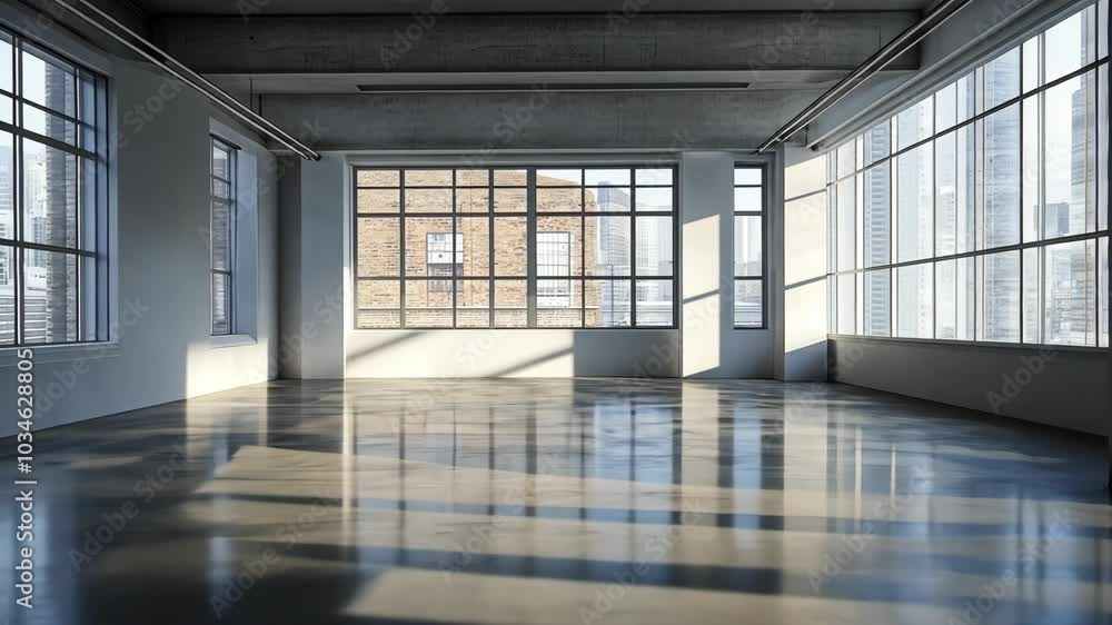 Poster sunlight streams through large windows into an empty room with a polished concrete floor