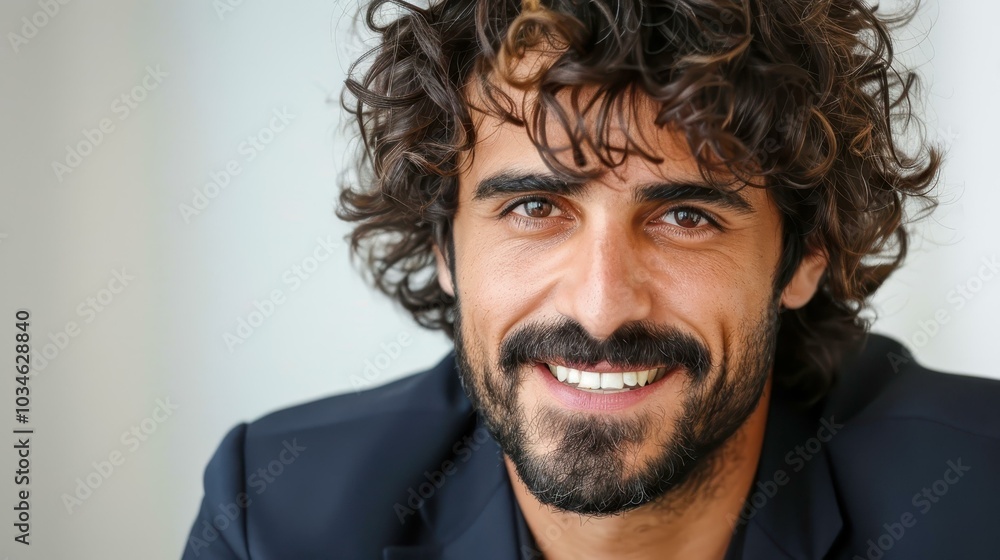 Wall mural A joyful man with a stylish beard and hair beams with happiness, perfectly captured against a soft light backdrop.