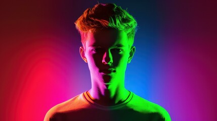 A striking portrait of a man emerges from the shadows, vibrant colors illuminate his features artfully.