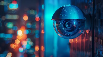 A close-up of an indoor cctv security camera, with blurred city lights in the background.