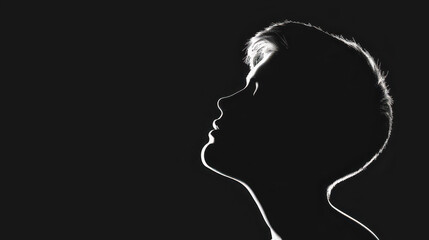 A striking profile silhouette of a young man, captured in deep shadow, showcasing intriguing facial features and expression.