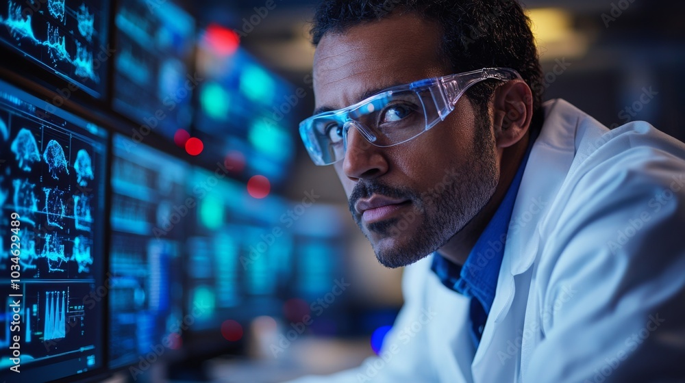 Aufkleber A scientist in a white lab coat and safety goggles intently observes data displayed on multiple monitors, surrounded by high-tech equipment in a dimly lit laboratory.