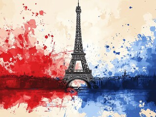 A watercolor illustration of the Eiffel Tower in Paris, France, with red, white, and blue paint splatters in the background, reminiscent of the French flag.