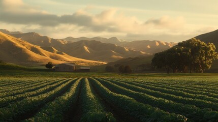 A golden sunset illuminates a field of green crops with a small barn in the distance, framed by rolling hills in the background.