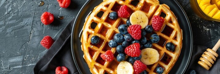 Golden buckwheat waffles topped with a generous helping of fresh fruit and a drizzle of honey for a wholesome breakfast or snack option.